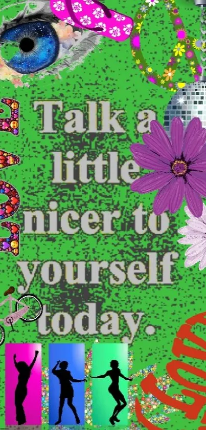 Green background with colorful quotes and designs.