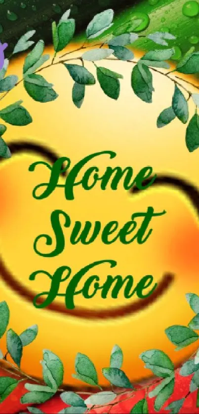 Vibrant rainbow wallpaper with "Home Sweet Home" surrounded by leaves.