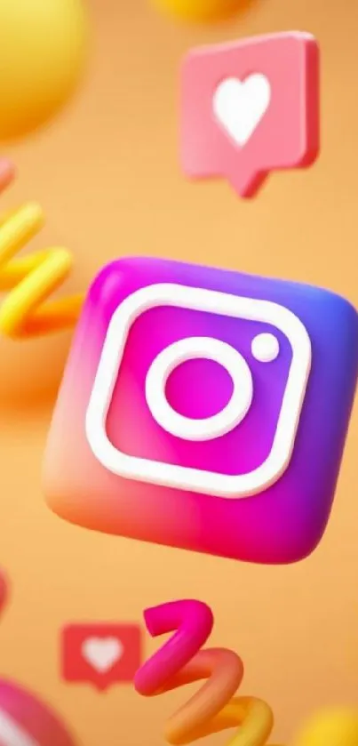 3D Instagram-themed wallpaper with colorful icons on an orange background.