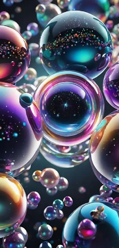 Vibrant iridescent bubbles with colorful reflections on a dark background.