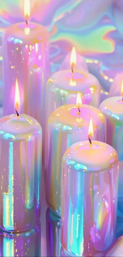 Colorful iridescent candles with glowing flames create a magical scene.