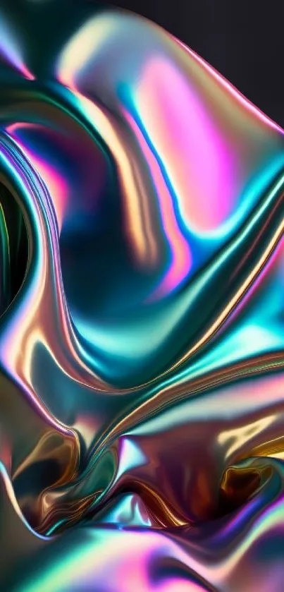 Colorful iridescent abstract design with metallic flow and vibrant hues.