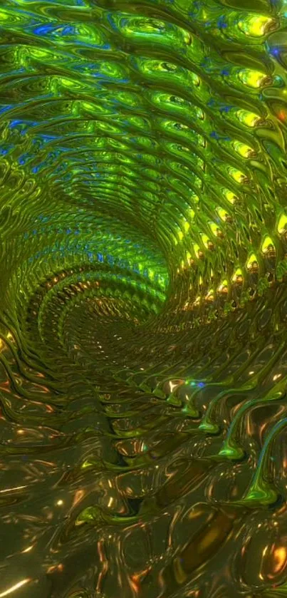 Mobile wallpaper with a vibrant iridescent green and gold tunnel design.