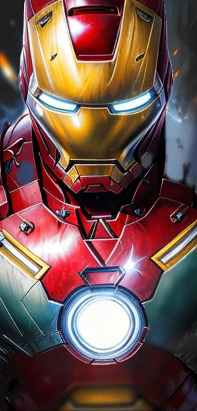 Vibrant iron armor design in mobile wallpaper with bold colors.