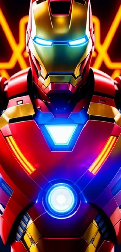 Iron Hero with glowing suit and neon backdrop.