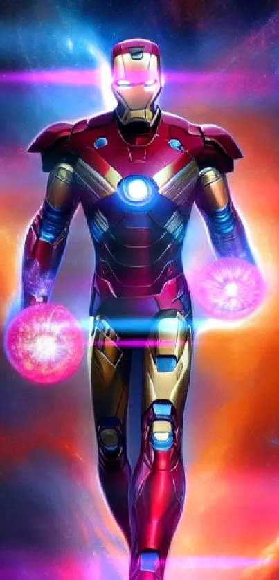 Iron Hero with glowing hands against a cosmic red and blue background.