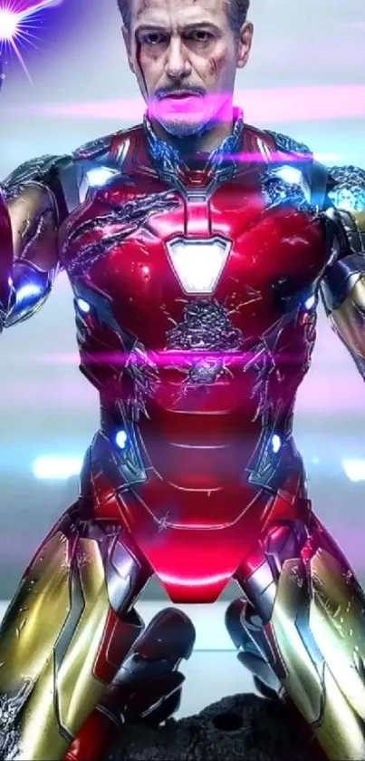 Iron Man in vibrant armor with glowing effects.