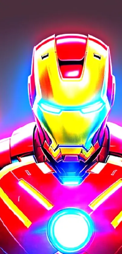 Iron Man neon art wallpaper with vibrant red and yellow hues.