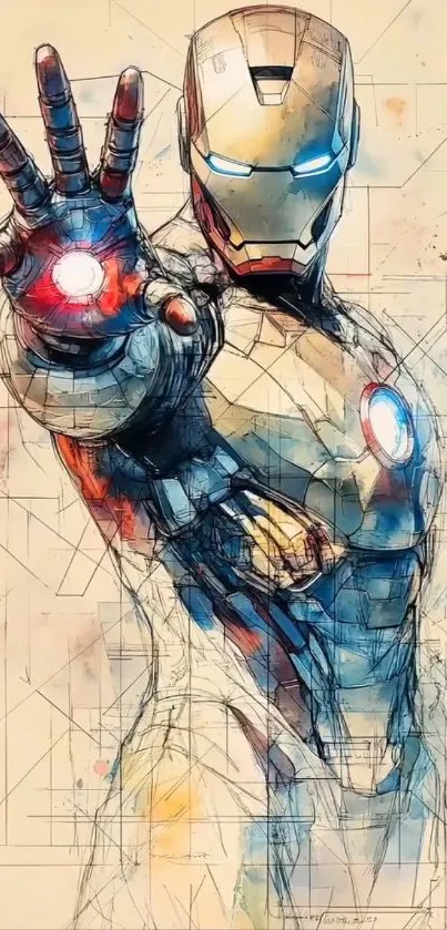 Iron Man sketch with vibrant colors, extending hand.