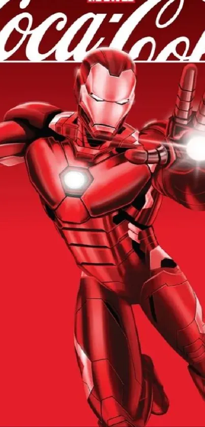 Iron Man in vibrant red armor with Coca Cola theme background.