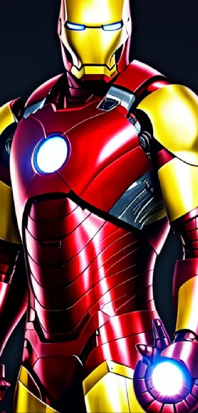 Iron superhero with red and gold armor on a dark background.