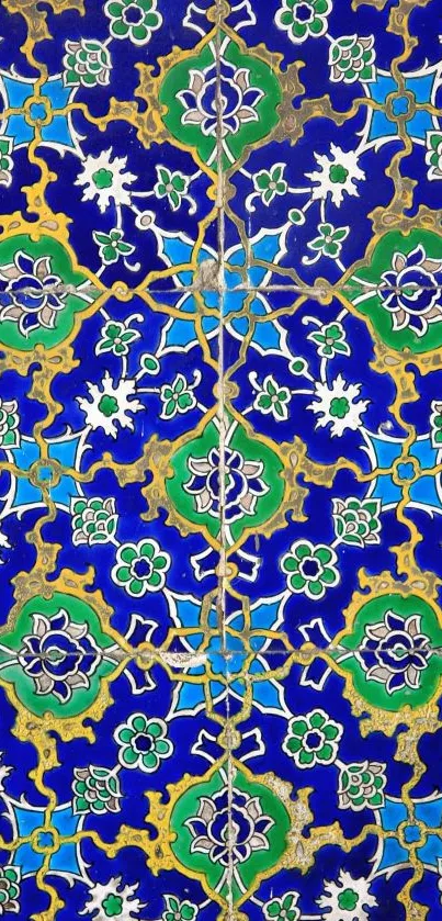 Vibrant geometric and floral tile design in blue and green