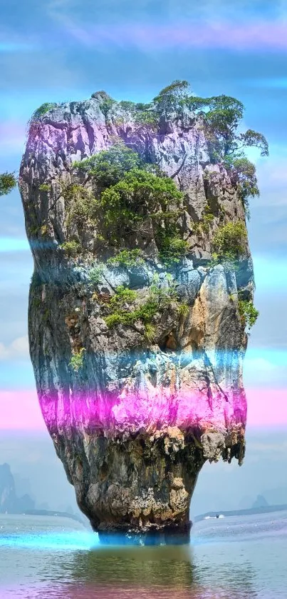 Mystical island rock with vibrant blue and pink hues in serene water backdrop.