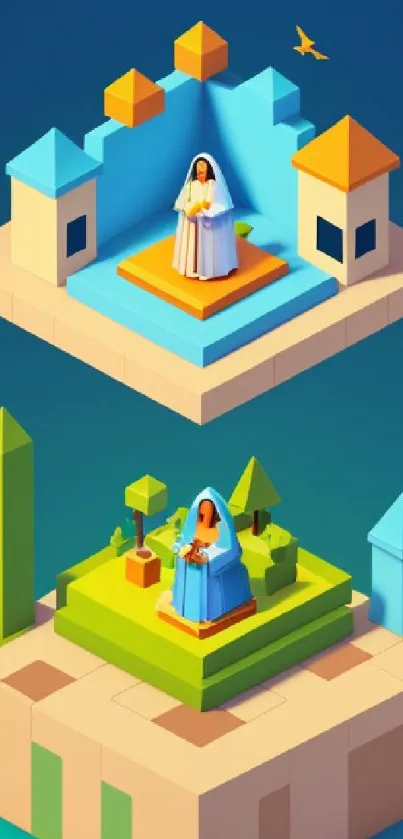 Isometric art wallpaper with colorful geometric shapes and serene statues.