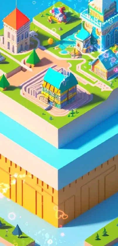 Isometric cityscape with vibrant colors and geometric buildings.