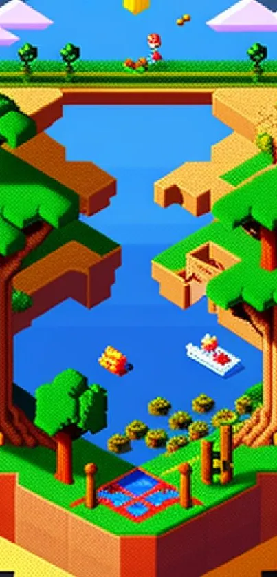 Isometric pixel art landscape with trees and floating islands.