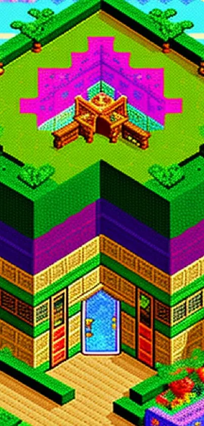 Vibrant pixel art with geometric shapes in a colorful isometric design.