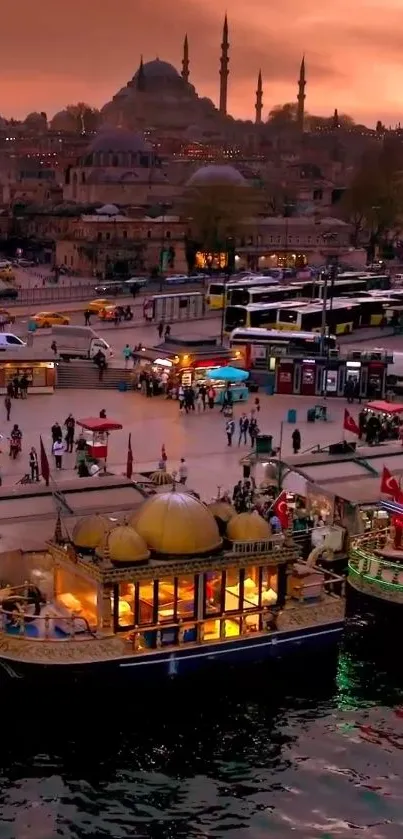 Vibrant Istanbul cityscape at dusk with historic architecture and lively waterfront.