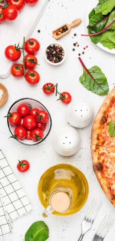 Colorful Italian pizza with tomatoes and herbs on a white background.