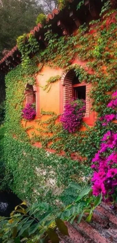 Ivy-covered wall with vibrant green and purple flowers.