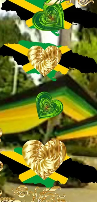 Jamaica flag-themed hearts with gold accents on mobile wallpaper.