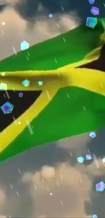 Jamaican flag with rain and crystals in the sky.