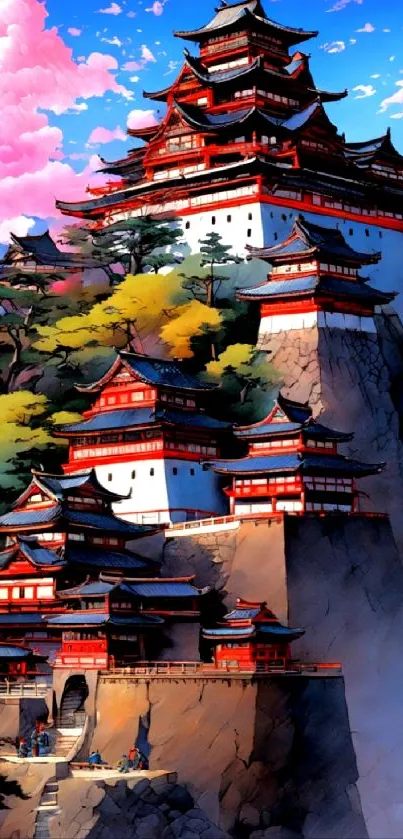 Vibrant Japanese castle art with pink clouds and detailed architecture.