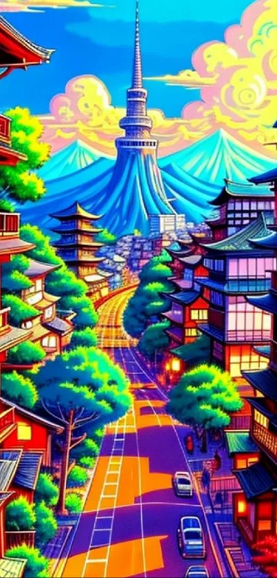 Colorful Japanese cityscape with mountain view and vibrant buildings.