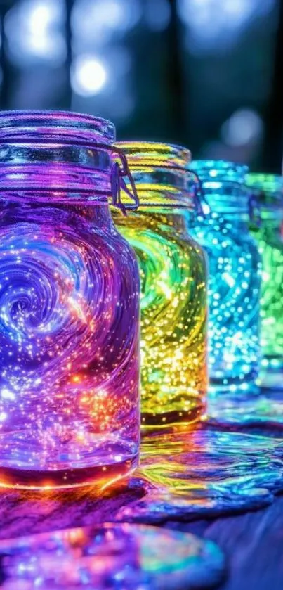 Colorful glowing jars with swirling galaxy lights in a dark forest.