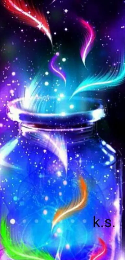 Mystical glowing jar with vibrant colors and sparkling stars wallpaper.