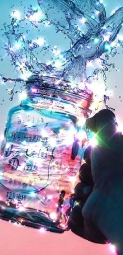 Colorful water splash in mason jar under gradient sky.