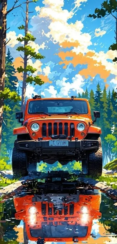 Vibrant Jeep in colorful forest landscape.
