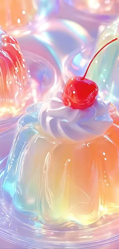 Colorful jelly dessert with cherry topping.