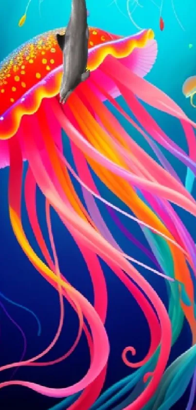 Vibrant jellyfish in colorful underwater art wallpaper with bright pink and blue hues.