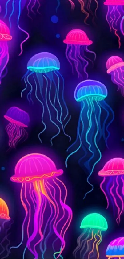 Colorful neon jellyfish floating in dark water.