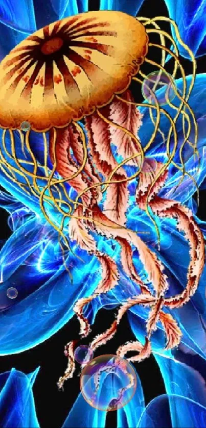 Vibrant jellyfish art with electric blue and orange hues on mobile wallpaper.