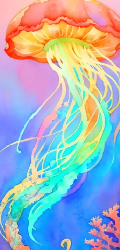 Vibrant jellyfish art wallpaper with neon aquatic colors.