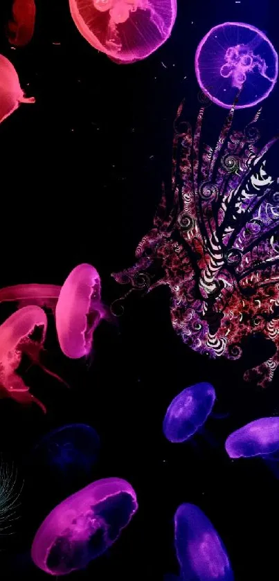 Colorful jellyfish art with a dark background.