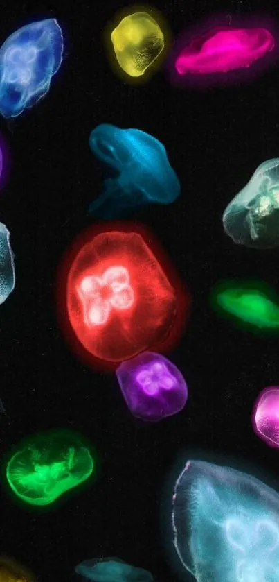 Vibrant neon jellyfish against dark background.