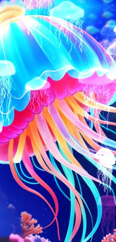 Vibrant jellyfish with colorful tentacles in ocean-themed wallpaper.