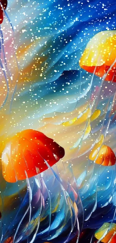 Vibrant jellyfish in an abstract ocean art wallpaper.