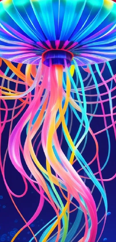 Vibrant, neon-colored jellyfish with flowing tentacles on a dark background.