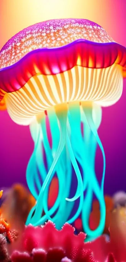 Vibrantly colored jellyfish with glowing tentacles in a neon underwater setting.