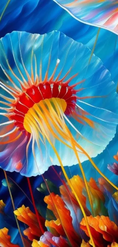 Vibrant jellyfish artwork with colorful ocean theme and marine life.