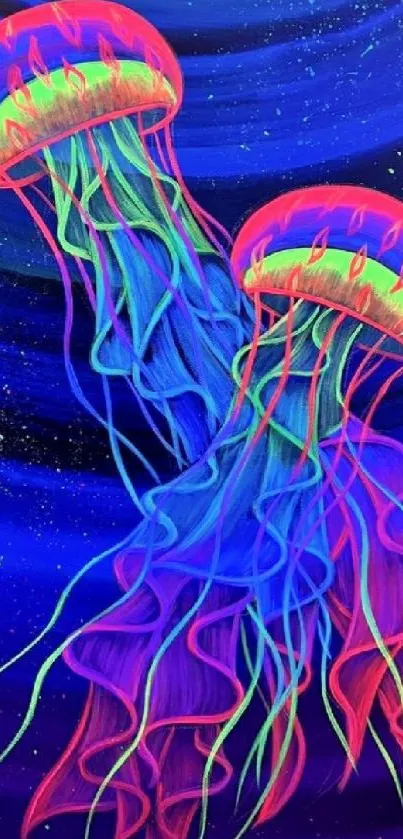 Neon jellyfish glowing in vibrant blue water art.