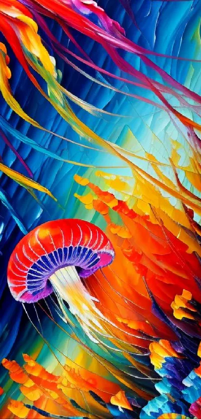 Vibrant abstract jellyfish in colorful underwater scene.