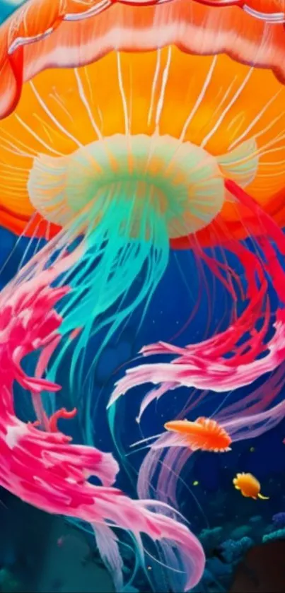 Vibrant orange jellyfish with colorful tendrils in a deep sea setting.