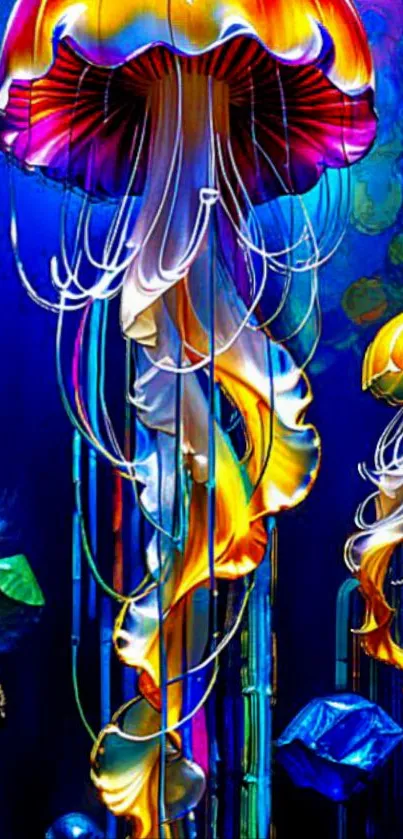 Vibrant underwater-themed mobile wallpaper with colorful jellyfish art.