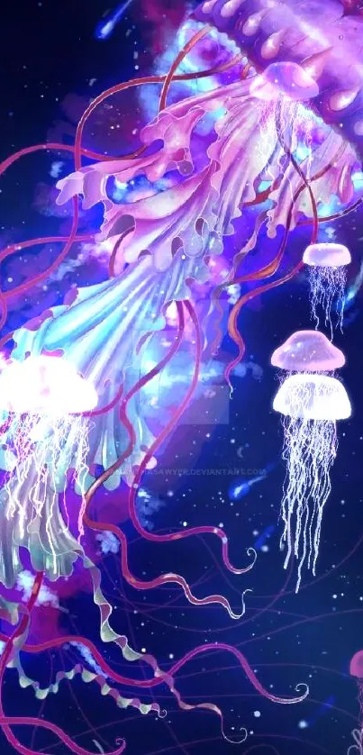 Colorful jellyfish swimming in a cosmic ocean-themed wallpaper.