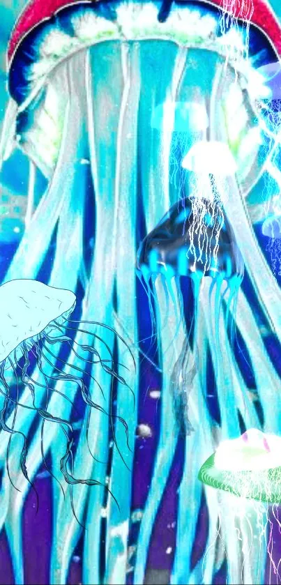 Vibrant jellyfish artwork with blue hues.